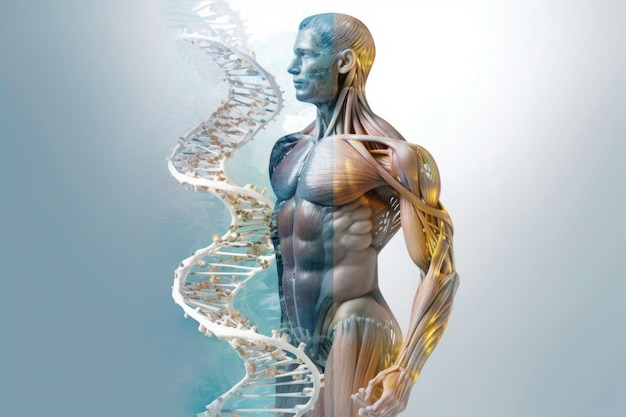 Human body silhouette and DNA strand Generative AI