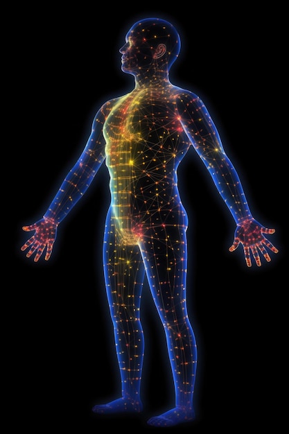Силуэт человеческого тела с энергетическими точками Анатомическая модель Генеративный ИИ