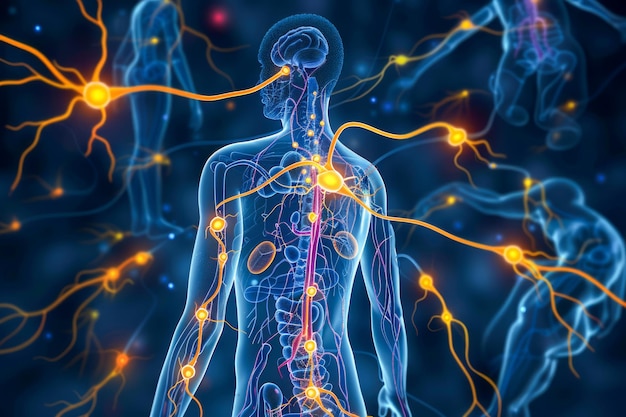 Human Body with Glowing Neural Network and Synapses Activity Illustration on Dark Blue Background