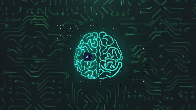 Human brain appearing on electronic circuit board AI revolution with dataset and machine deep learning 3D Render Animation Artificial Intelligence