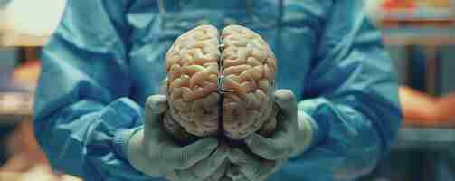 Photo a human brain being held up by hands with hands holding a human brain