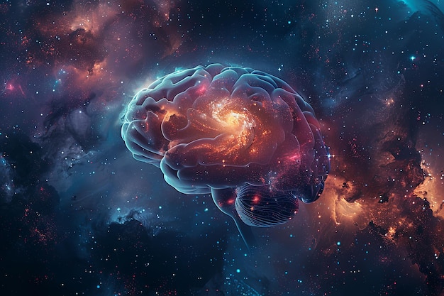 A human brain blended with a cosmic nebula