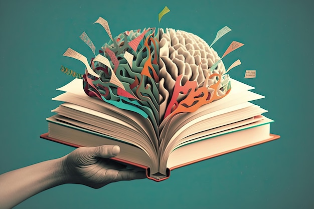 Human brain on a book and color background Minimal abstract concept of school culture intelligence reading or education Charger for brain idea Generative AI