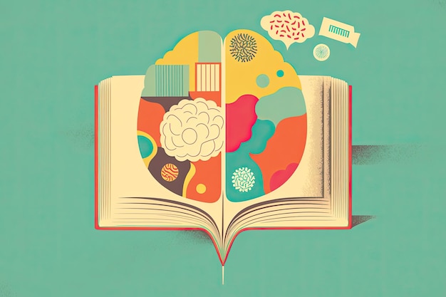 책과 색 배경에 있는 인간의 뇌 학교 문화 지능 읽기 또는 교육에 대한 최소한의 추상적 개념 뇌 아이디어를 위한 충전기 Generative AI