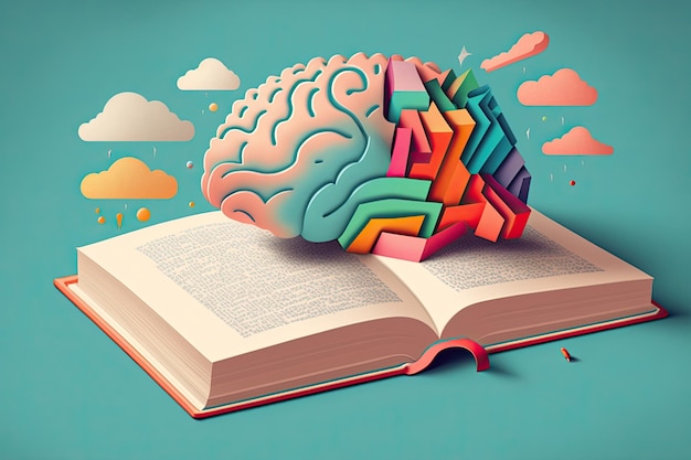 Human brain on a book and color background Minimal abstract concept of school culture intelligence reading or education Charger for brain idea Generative AI