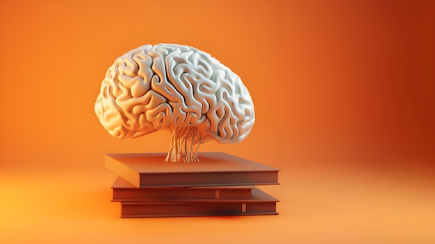 A human brain on a bookshelf on orange background