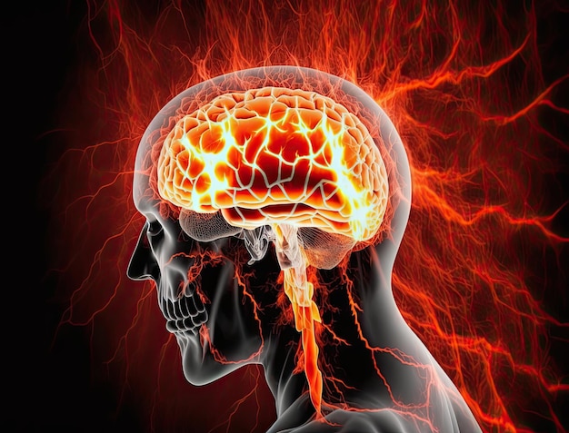 Human brain burning head headache illustration strong bursting pain in head region