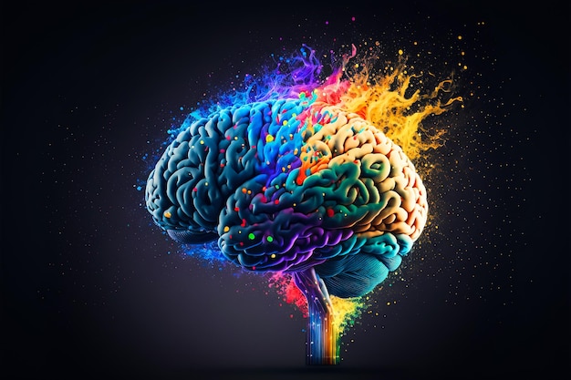 창의성과 브레인스토밍의 지능 과정을 위한 인간의 두뇌 다채로운 스플래시 3d 렌더링 개념