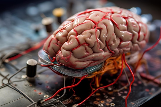 Human brain connected to computer generative ai