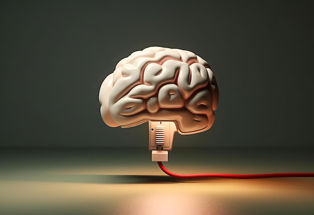 Human brain connected with electric plug by red cord on dark background Creative and brainstorm concept