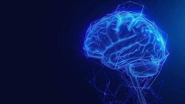 人間の脳 デジタル ワイヤフレームで作られた脳 オンラインで無限のネオン青い線を描いています