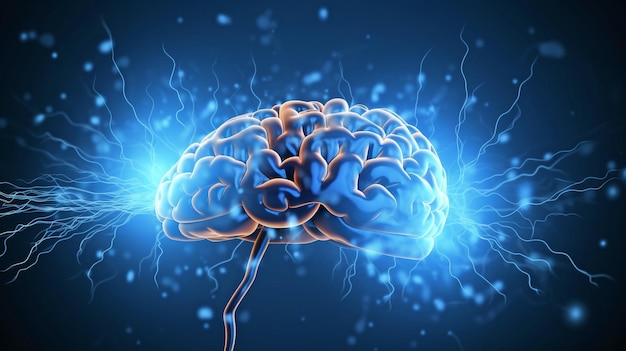 human brain electrical activity flashes and lightning against a blue backdrop generative ai