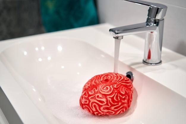 Human Brain under a Faucet Water Stream Brainwashing Concept