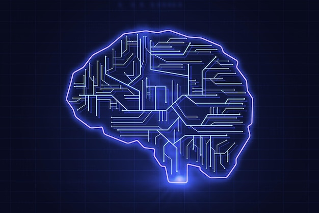 Человеческий мозг в виде микрочипов на синем фоне Искусственный интеллект и концепция нейронных сетей 3D рендеринг