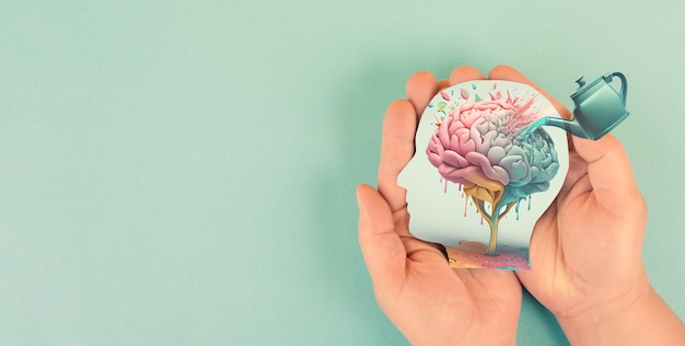 Photo human brain growing from a flower watering can is pouring water on the mind mental health concept