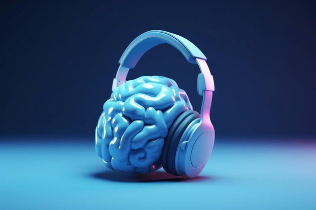 Human brain and headset technology and creativity concept blue background generative ai