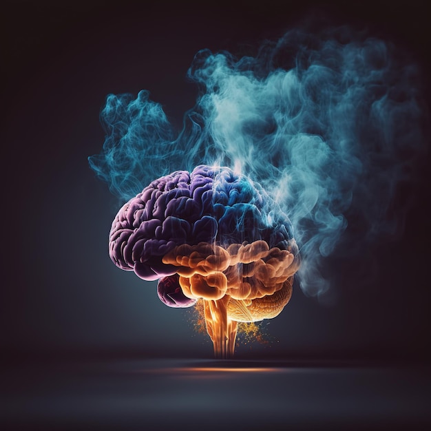 Концепция дизайна иллюстрации человеческого мозга с дымом и темным изолированным фоном