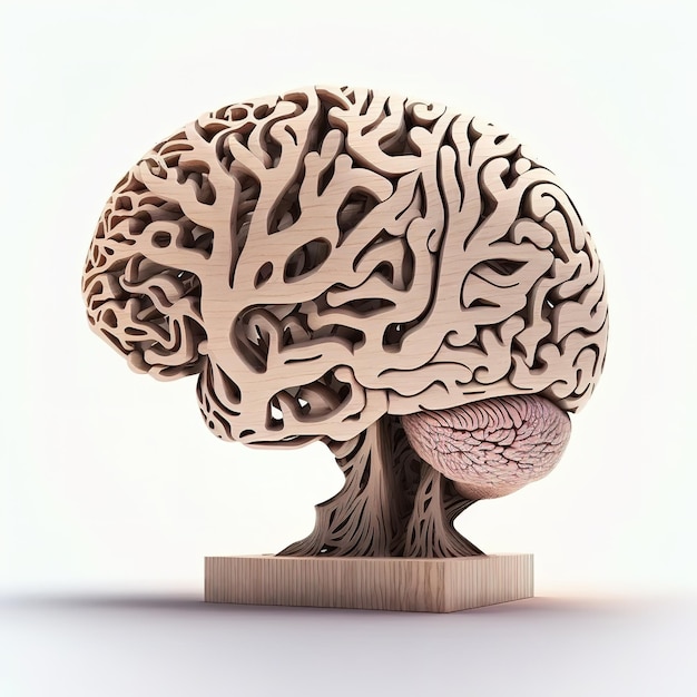 Human brain illustration design made of wood 3d isolated