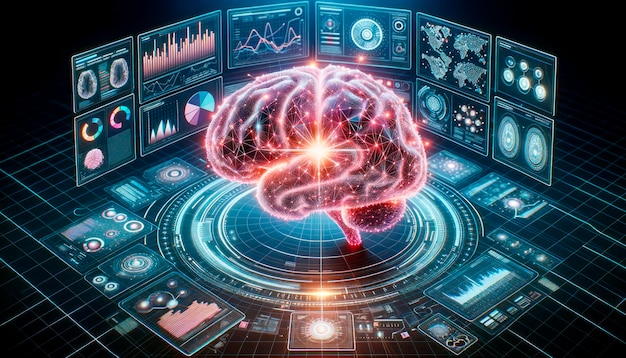 사진 hud 요소와 함께 미래의 디지털 공간에서 인간의 뇌 인공지능 개념 생성 ai