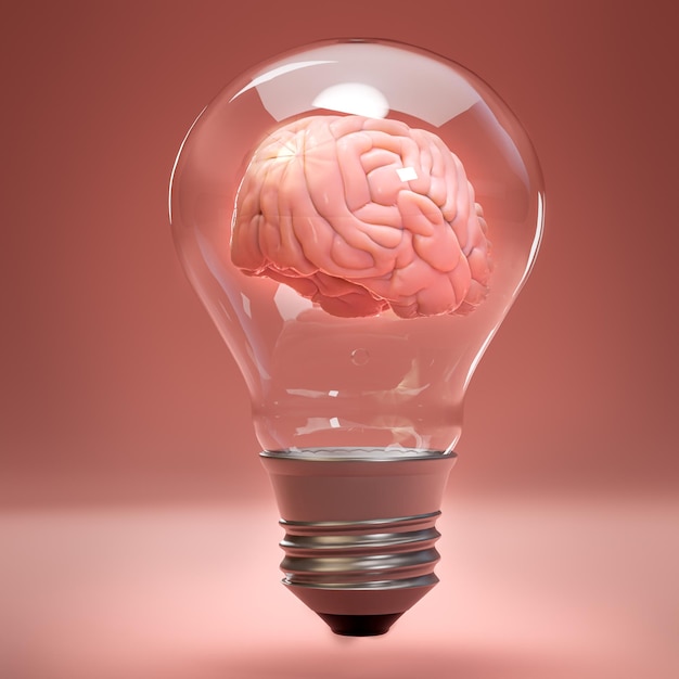 Human brain inside of incandescent light bulb Concept of inspiritation creativity idea education innovation and energy 3D rendering