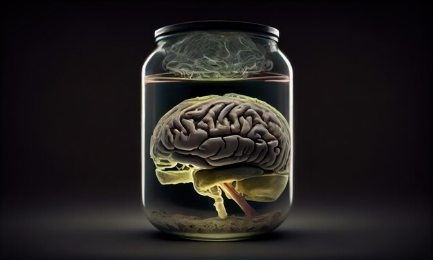 Photo human brain inside a preservation jar generative ai