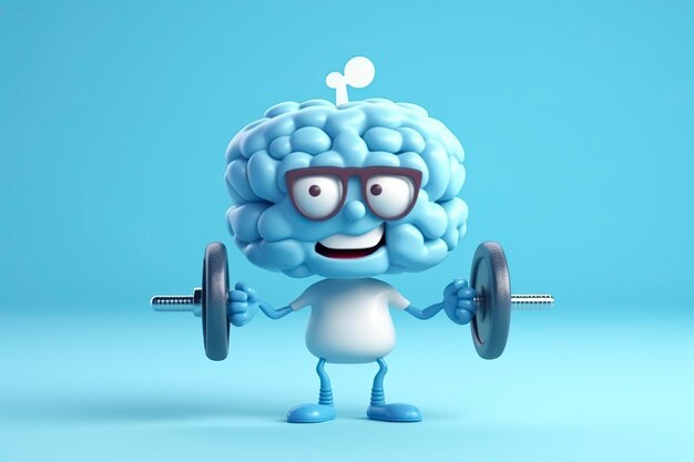 Фото Человеческий мозг поднимает тяжести 3d мозг поднимает тяжелую гантель тренировка ума память здоровье профилактика болезни альцгеймера тренировка мозга образовательное исследование и концепция психического здоровья созданный ии