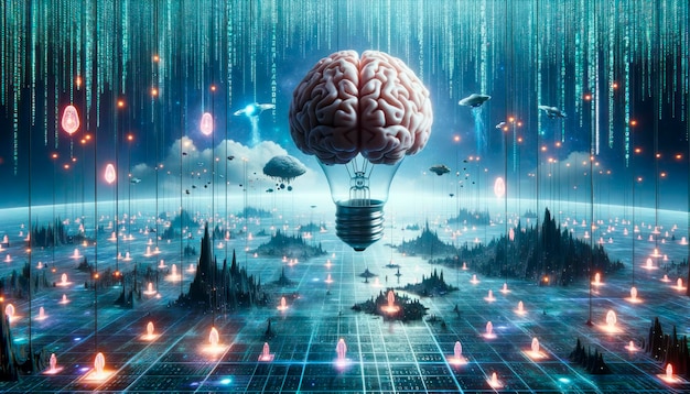 Human brain and lightbulb on digital background Generative AI