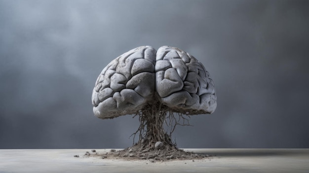 The human brain made of concrete on an grey background Brain art