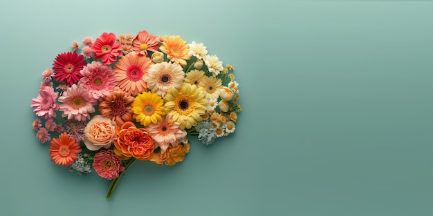 Human brain made of multicolored flowers on blue background