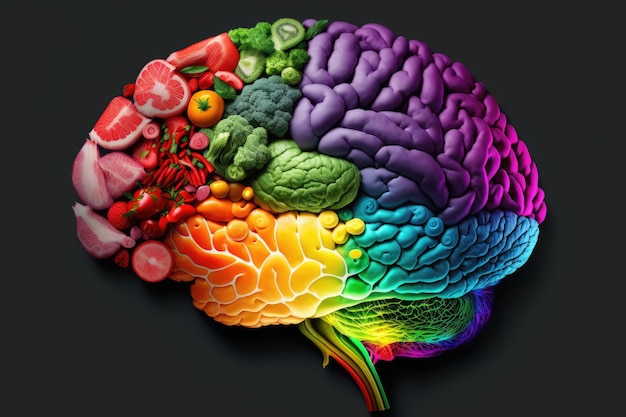 Photo human brain made of variety of vegetables in concept of healthy food for health care