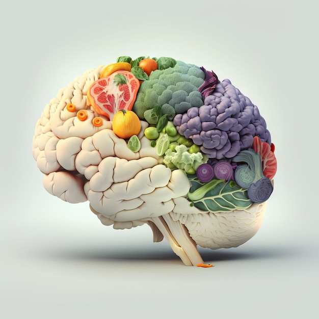 Human brain made of vegetables and fruits Generative AI illustration Healthy eating concept