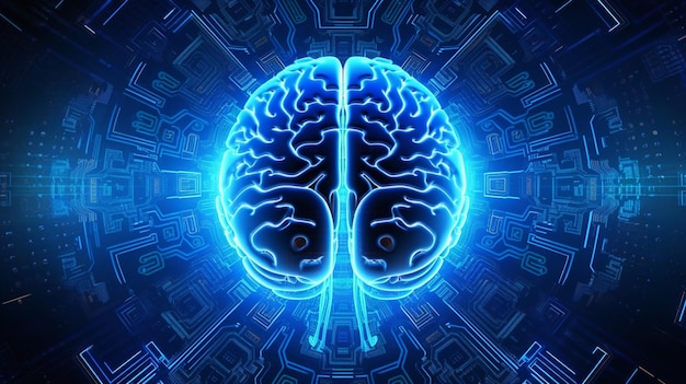 Photo human brain on neon glowing digital cyber technology background