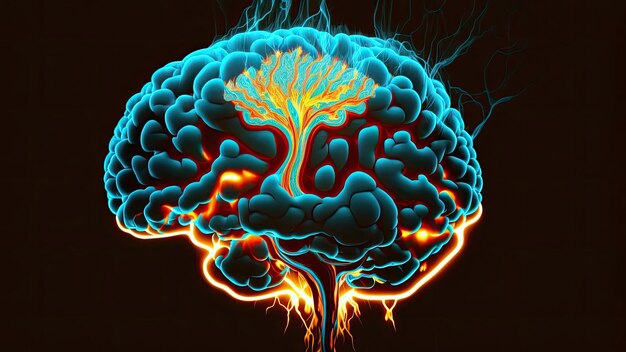 Human brain neon glowing headache concept pain in human head with colorful stress illustration