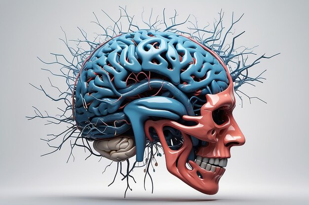 Photo human brain and nerve forming a futuristic face illustrating the power of our neuron and our virtual life minimalist style design