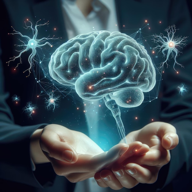 Нейроны человеческого мозга Активность нервной системы Машинное обучение Иллюстрация на темном фоне