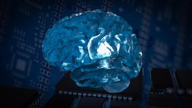 Photo the human brain on pcb board for medical or technology concept 3d rendering