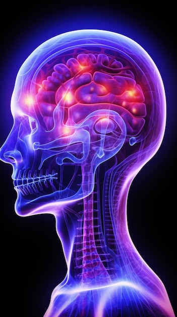 Foto segnale del cervello umano concetto di apprendimento profondo testa umana e cervello diversi tipi di forme d'onda prodotte dalle cellule neuronali cerebrali con nodi di collegamento luminosi