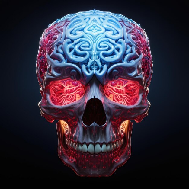 Human brain and skull in colors