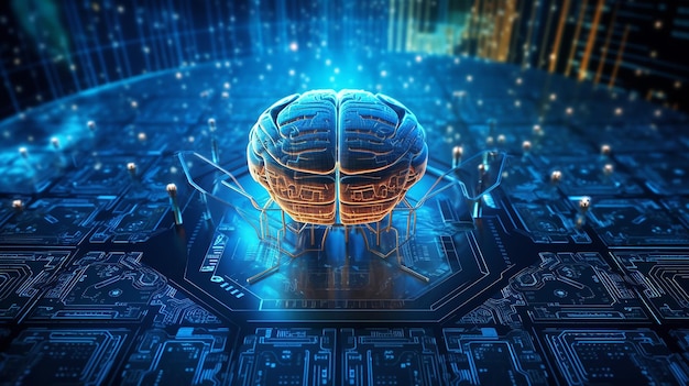 Human brain on technology background represent artificial intelligence Generative AI