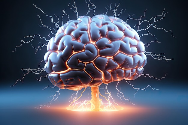 Human brain in a thunderstorm 3d rendering 3d illustration Brainstorming concept 3D illustration of human brain with lightning AI Generated