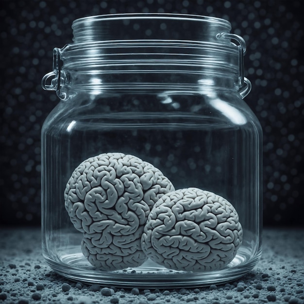 Photo human brain in a transparent glass jar