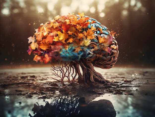 Дерево человеческого мозга с красочными листьями творческого ума на фоне природы