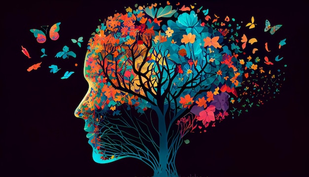 Human brain tree with flowers and butterflies self care and mental health concept positive thinking creative mind Generative AI