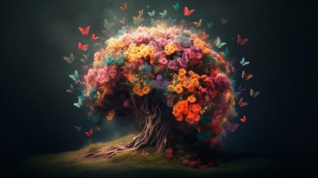 Human brain tree with flowers and butterflies self care and mental health concept positive thinking creative mind Generative AI