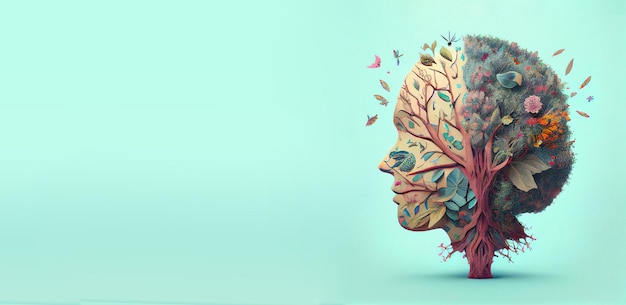 Human brain tree with flowers and leaves self care and mental health concept positive thinking