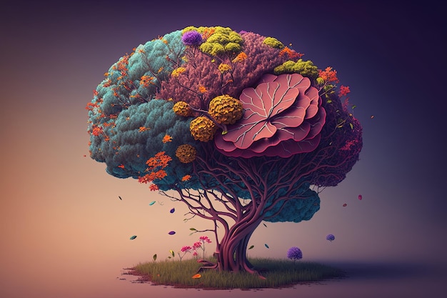 Foto albero del cervello umano con fiori cura di sé e concetto di salute mentale mente creativa ai generativa