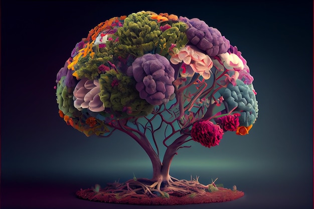 Photo human brain tree with flowers self care and mental health concept generative ai