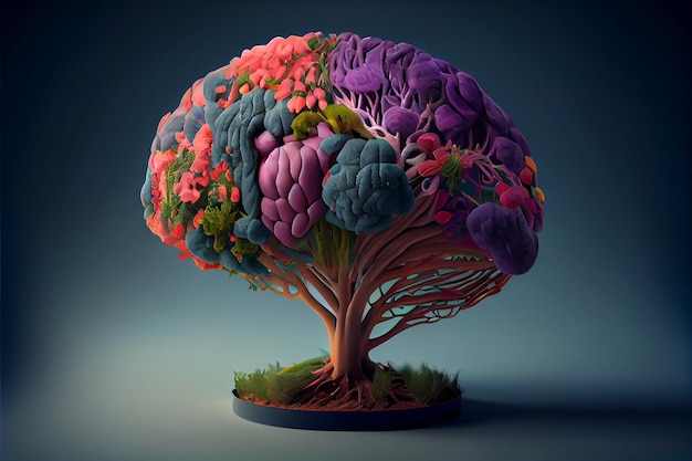 Human brain tree with flowers self care and mental health concept generative AI