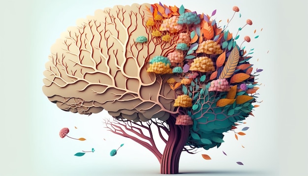 Human brain tree with flowers self care and mental health concept Generative AI