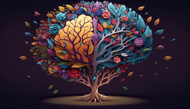 Human brain tree with flowers self care and mental health concept Generative AI